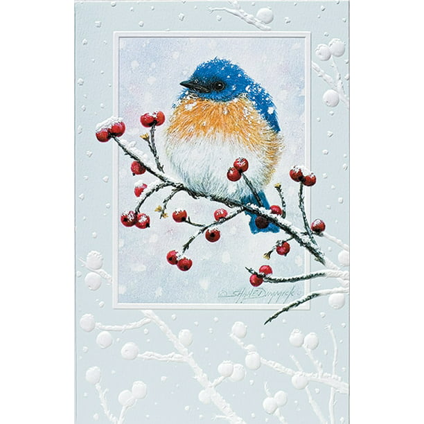 EMBOSSED Small Blank Greeting Note Card NEW Blue Birds Branches Flowers